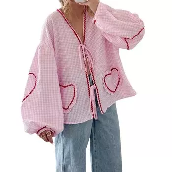 Женские рубашки с длинным рукавом, вышитые сердечками, клетчатые блузки с бантом спереди, модные повседневные топы на весну и лето S розовый