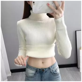 Women Long Sleeve sweater, Thick, Warm, Velvet, Turtleneck white tops, Bottoming Pullover, Casual solid top, Autumn, Winter,fleece sweaters One size