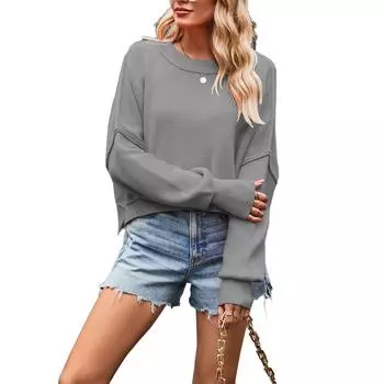 Women Long Sleeve Top Round Neck Loose Fitting Autumn Winter Fashion Top for Daily Or Office Wear M серый