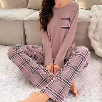 Женские клетчатые брюки с длинными рукавами, пижамы, осенне-зимняя женская домашняя одежда, мягкая свободная повседневная уличная пижама с круглым воротником, ночная рубашка S