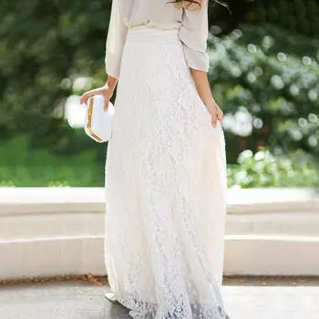 Women Long Wedding Maxi Beach Full Pleated Skirt Fashion Lace Tulle Boho Elegant Dress Summer S-XL M бежевый