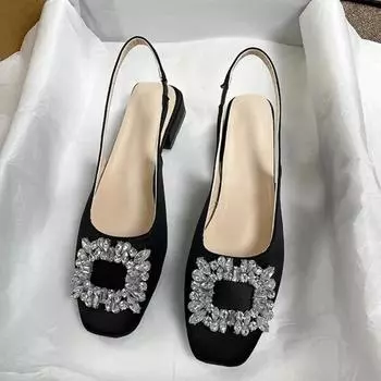 Женские роскошные босоножки на среднем каблуке с кристаллами, летние новые женские туфли на толстой подошве с открытой пяткой, дизайнерские сексуальные туфли-лодочки для свадьбы 35