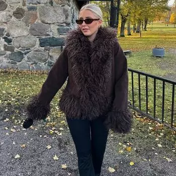 Women Luxury Thicken Plush Jacket Lapel Long Sleeve Patchwork Faux Fur Coat Autumn Winter Fashion Outerwear Loose Warm S коричневый