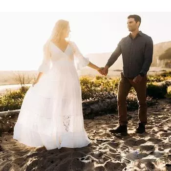 Women Maternity Pregnant Lace Long Sleeves V Neck Long Dress Elegant Party Wedding Photography Gown S белый