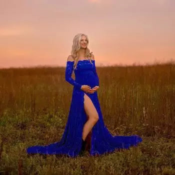 Women Maternity Pregnant Lace Off Shoulder Long Sleeves Long Dress Elegant Party Wedding Photography Gown S белый