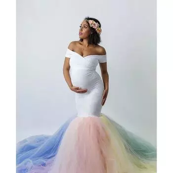 Women Maternity Pregnant Mesh Lace Off Shoulder Short Sleeves Long Dress Elegant Party Wedding Photography Gown one size