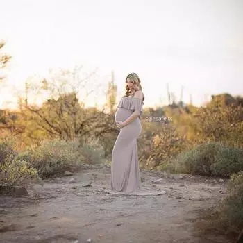 Women Maternity Pregnant Off Shoulder Short Sleeves Long Dress Elegant Party Wedding Photography Gown S розовый