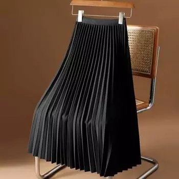 Women Maxi Skirt Elastic High Waist A-Line Long Skirt Solid Color Large Hem Pleated Skirt Work Leisure Skirt Workwear S чёрный