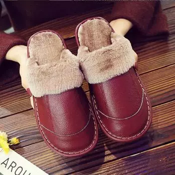 Women Men New Autumn and Winter Slippers Home Plush Non-slip Warm Leather Slippers Thick Cowhide Slippers Comfortable 35-36 чёрный