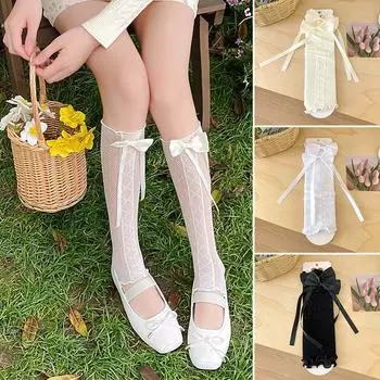 Женские сетчатые нарукавники с бантом на рукавах, кружевные солнцезащитные перчатки без пальцев, носки до середины икры, женские каваи