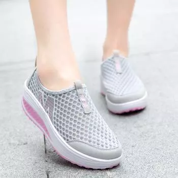 Women Mesh Flat Shoes Sneakers Women Swing Wedge Hollowed Out Slip-on Shoes Women Platform Breathable Lightweigt Vulcanization 35