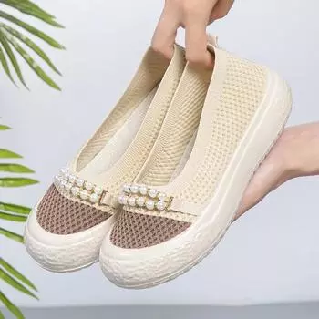 Women Mesh Shoes New Fashion Pearl Female Fisherman Shoes Breathable Thick Sole Women Footwear Shallow Casual Flats Mom Shoes 35 бежевый