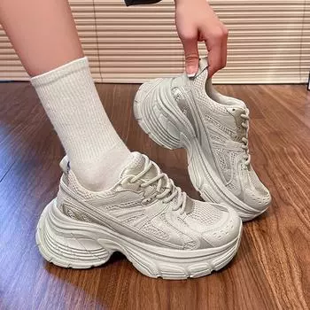 Women Mesh Solid Color Patchwork Thick Sole Lace-up Genuine Leather Solid Color Lace-up Thick Sole Casual Fashion Sports Shoes 35 бежевый