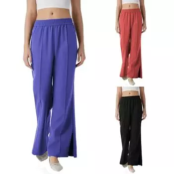Women Mid Waist Side Pocket Split Hem Flare Casual Pants S красный