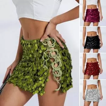 Women Mini Skirt High Waist Side Lace-up Design Short Skirt Shiny Sequins Hip Wrapped Skirt Sexy Party Skirt S