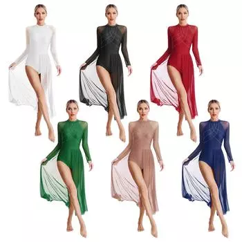 Women Modern Lyrical Dance Dress Rhinestone Gymnastics Leotard Split Maxi Dresses Long Sleeve Ballet Stage Performance Dancewear S