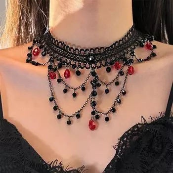 Women Neck Jewelry Crystal Beads Necklace Charm Lace Strand Necklace Gifts чёрный