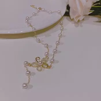 Женское ожерелье со сверкающим цветком из горного хрусталя, изящное элегантное ожерелье с блестящим искусственным жемчугом на ключицу