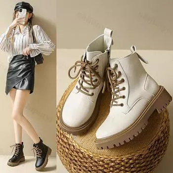 Women New 2024 Fashion Round PU Leather Ankle Boots Elastic Soft Comfort Lacing Short Boots Ladies Platform Booties Plus Size 42 35 чёрный