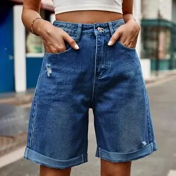 Women New Broken Holes Rolled Five Denim Shorts Summer Solid Color Casual Pants S светло-синий