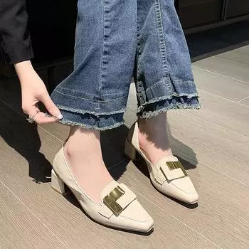 Женские новые туфли на толстом каблуке Летние туфли на высоком каблуке с острым носком из кожи Модные элегантные туфли Женские туфли на платформе и каблуке Туфли-лодочки 35