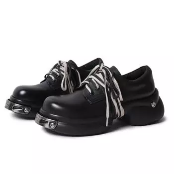 Women New Pumps Ladies Punk Metal Buckle Loafers Chunky Heel Platform Sneakers Female Fashion Desigh Lace-up Round Toe Shoes 35 чёрный