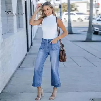 Женские девятые джинсы, прямые, с высокой талией, однотонные, на пуговицах, с карманами на молнии, с широкими штанинами, эластичные, для поездок на работу, для свиданий, покупок, длинные брюки, джинсовые брюки M темно-синий