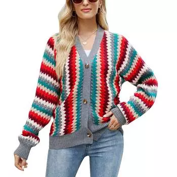 Women Open Front Sweater V Neck Color Blocking Striped Loose Fit Button Up Knit Outerwear Grey XL XL серый
