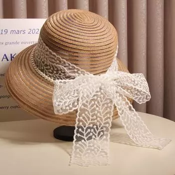 Women Organza Sun Hats Elegant Ladies Bucket Hat Wedding Church Party Hat Fashion Summer Wide Brim Big Bowknot Fedora Hat Adjustable