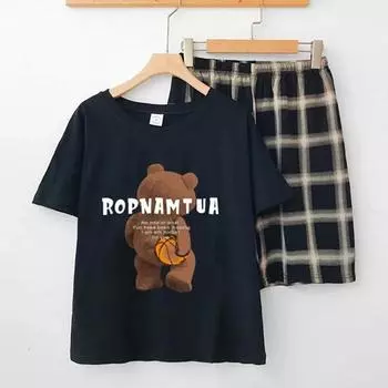 Women Pajamas Cartoon Bear Suit Loungewear Black Short Sleeve Plaid Pants Nightwear 2 Piece Set Long Sleeves and Trousers Cute M