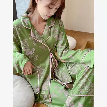 Женская пижама в китайском стиле с цветочным принтом, комплект из 2 предметов для сна, одежда для отдыха, весна-осень, атласные брючные костюмы с длинным рукавом, домашняя одежда M зелёный