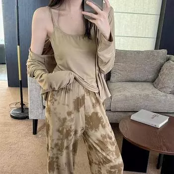 Women Pajamas Three Piece Set Sexy Suspender Long Sleeved Cardigan Pants Homewear Modal Printed Sleepwear Loose Casual Nightwear M