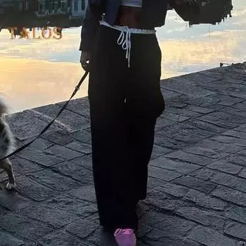 Женские брюки, двухслойный дизайн с талией, эластичные костюмные брюки с высокой талией, цветные прямые прямые широкие брюки с карманами S чёрный