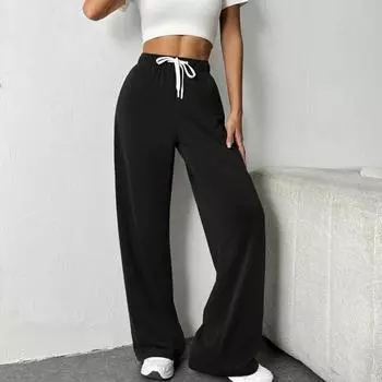 Женские брюки с эластичной резинкой и высокой талией, регулируемые прямые широкие брюки с завязками на талии S чёрный