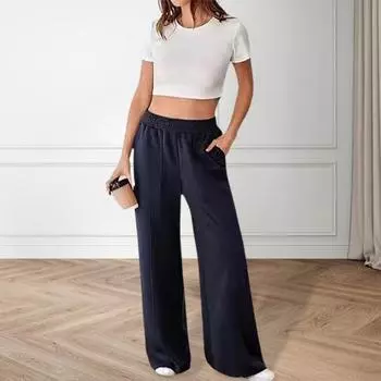 Женские брюки эластичные с высокой талией прямые широкие длинные брюки однотонные M хаки