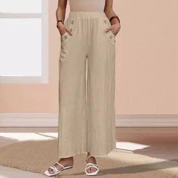 Women Pants Elastic High Waist Wide Leg Solid Color Trousers Loose Fit Casual Long Pants with Pockets Daily Wear M белый