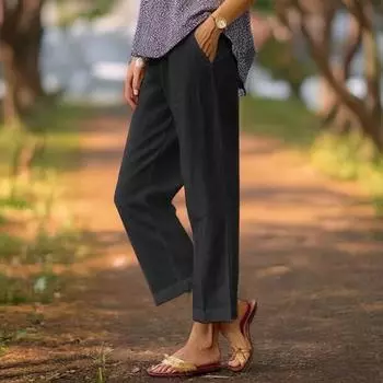 Women Pants Mid-rise Elastic Waist Leisure Pants Solid Color Straight Wide-Leg Casual Pants with Pockets S чёрный