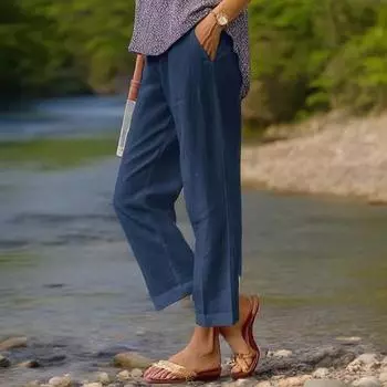 Women Pants Mid-rise Elastic Waist Leisure Pants Solid Color Straight Wide-Leg Casual Pants with Pockets XXXXXL хаки