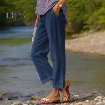 Women Pants Mid-rise Elastic Waist Leisure Pants Solid Color Straight Wide-Leg Casual Pants with Pockets L серый