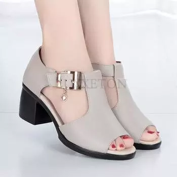 Women Patent Leather Fish Mouth Sandals Roman Thick Heels High Heels Simple and Fashionable Buckle Casual and Versatile 38 серый