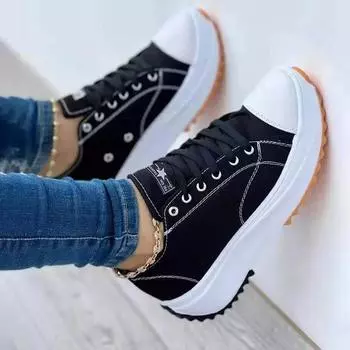 Women Pattern Canvas Sneakers Woman Casual Shoes Summer Women Sneakers Fashion Flats Lace-Up Platform Shoes Zapatos Para Mujeres 35 чёрный