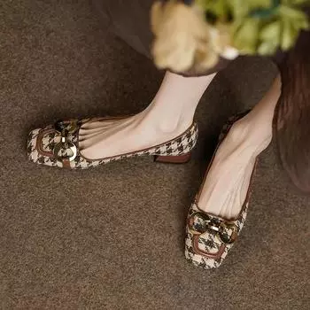 Женские туфли-лодочки в клетку с квадратным носком из металла, туфли-лодочки из твида на низком каблуке, модельные туфли, новый стиль, дизайнерская обувь 9870N 35