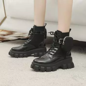 Women Platform Boots Leather Motorcycle Ankle Boots Wedges Female Lace Up Shoes Fashion Black Belt Buckle Pocket Women Boots 35 чёрный