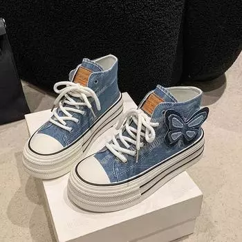 Women Platform Canvas Shoes Embroidery Design Luxry Heel Skateboard Pearl Decoration Lace Up Shoe Casual Trend Outdoor Sneakers 35 синий