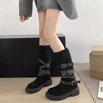 Women Platform Knee High Boots Suede Flats Shoes Winter Brand Designer 2025 New Chelsea Casual Fashion Boots Snow 35 чёрный