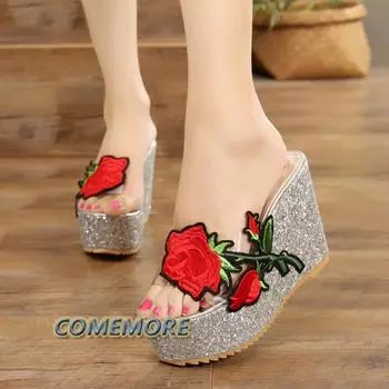 Women Platform Sandals Summer 2024 Wedge High Heel Slippers Outside Casual Shoes Flower Thick Bottom Fashion Classic Round Head 35