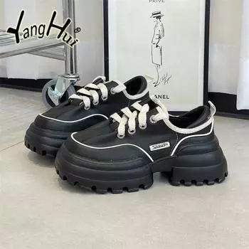 Женская платформа, водонепроницаемый нескользящий дизайн, универсальная обувь из вулканизированной кожи с кружевом, 2024, новые кроссовки с буквами в корейском стиле, весна-осень 35 чёрный