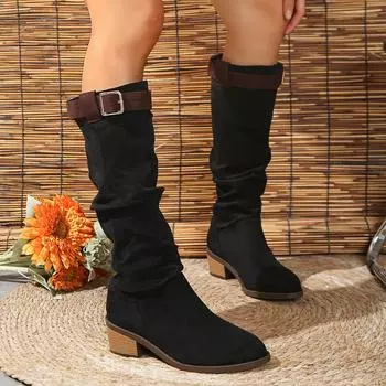 Women Pleated Boots Winter Fashion Slip on Knee High Boots Women Outdoor Mid Heel Knight Boots Fashion Comfortable Luxury Shoes 36 хаки