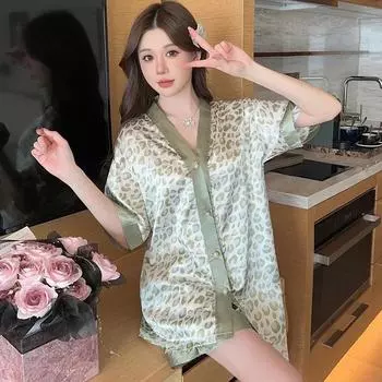 Женская пижама больших размеров с короткими рукавами, шорты из ледяного шелка, летний дышащий кардиган с V-образным вырезом, напечатанный, студенческая домашняя одежда, комплект из двух частей M