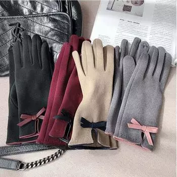 Women Plus Velvet Bow Gloves Suede Leather Mittens Full Finger Gloves Female Gloves чёрный